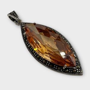 Sterling Silver Marquise Cut Smoky Quartz & Marcasite Pendant